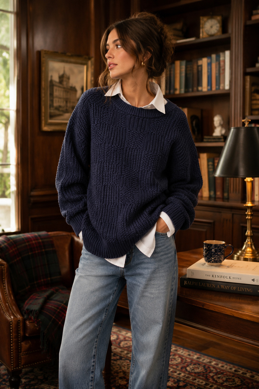 VTG 90s Oversized Chunky Sweater XL Navy Cotton Dark Academia Clueless Preppy